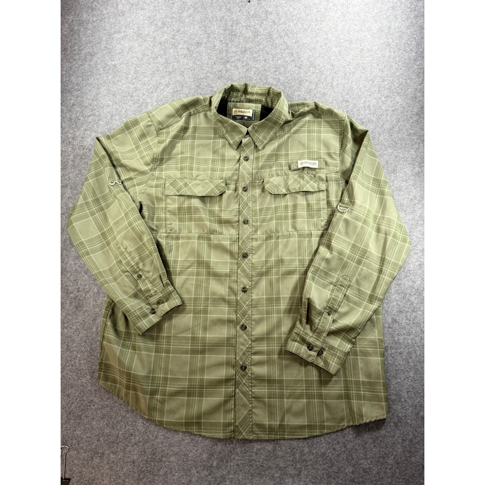 Magellan Outdoors Mens Plaid Fishing Shirt Olive Green Long Sleeve XL Classic